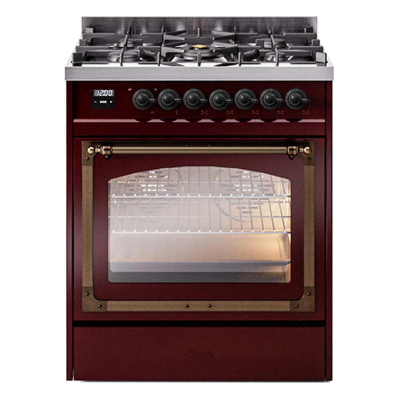 Nostalgie II Noblesse 30″ Dual Fuel Range  (Natural Gas, Triple Glass Door, Burgundy, Burnished) UN30NMPBUB