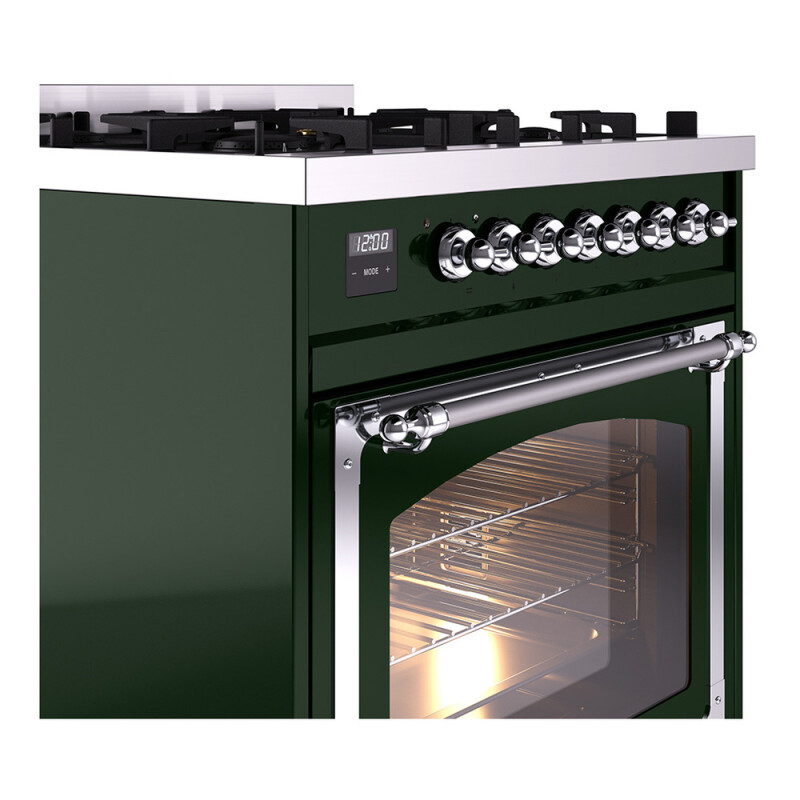 Nostalgie II Noblesse 30″ Dual Fuel Range  (Liquid Propane, Triple Glass Door, Emerald Green, Chrome) UN30NMPEGCLP