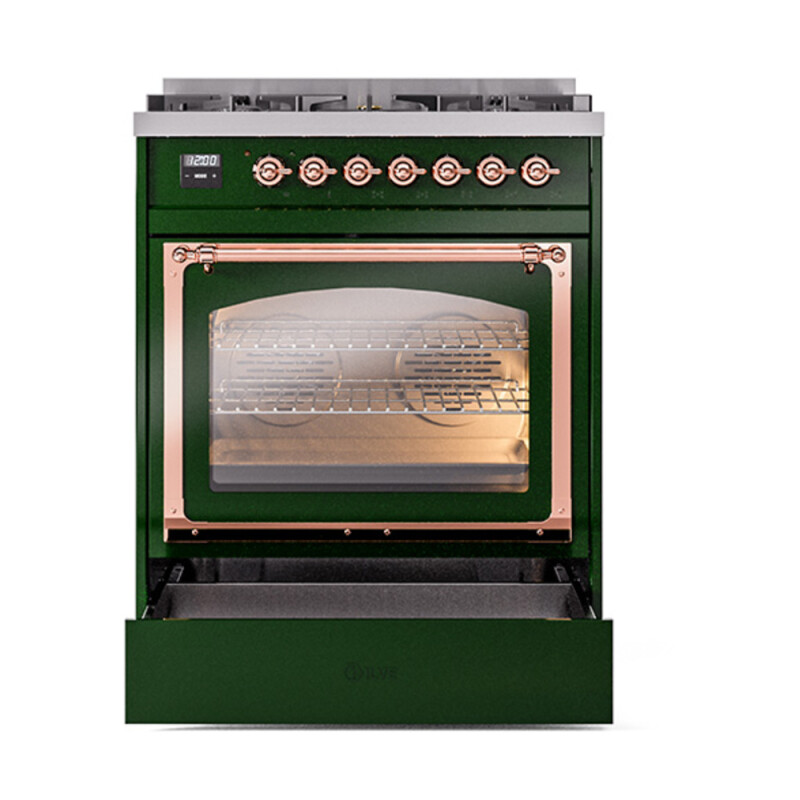 Nostalgie II Noblesse 30″ Dual Fuel Range  (Natural Gas, Triple Glass Door, Emerald Green, Copper) UN30NMPEGP