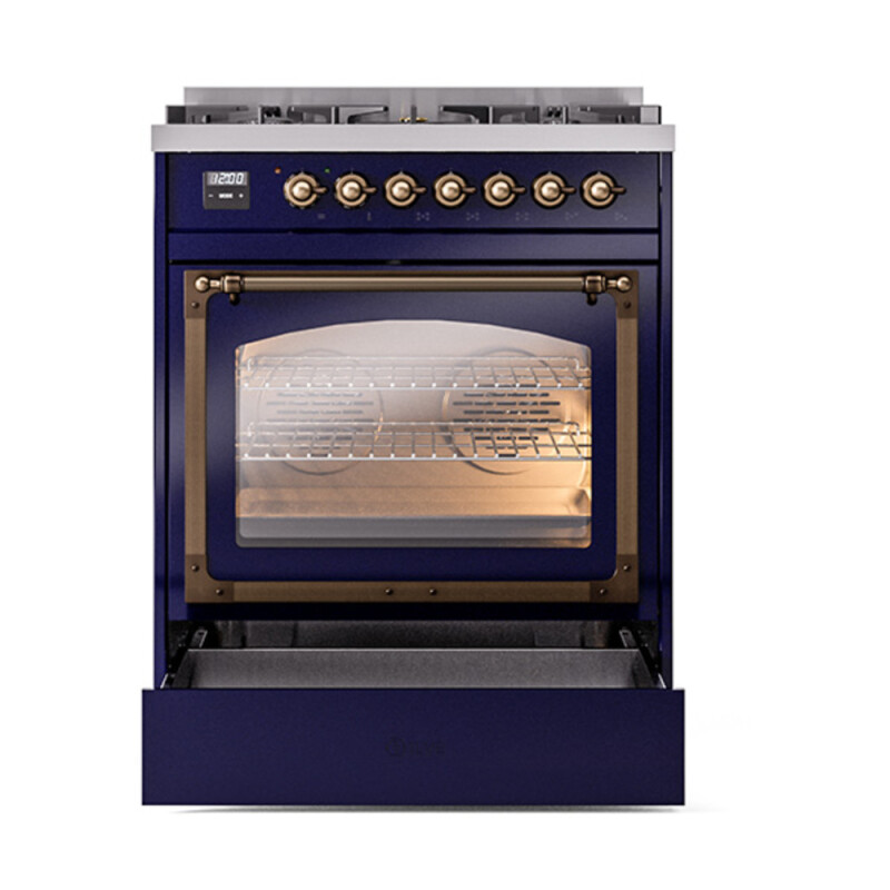 Nostalgie II Noblesse 30″ Dual Fuel Range  (Natural Gas, Triple Glass Door, Midnight Blue, Burnished) UN30NMPMBB