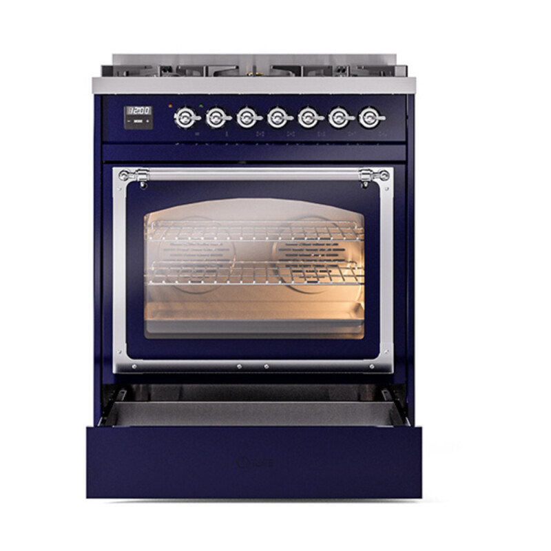Nostalgie II Noblesse 30″ Dual Fuel Range  (Natural Gas, Triple Glass Door, Midnight Blue, Chrome) UN30NMPMBC