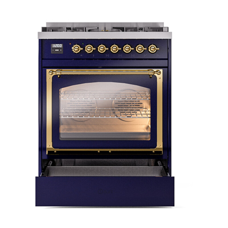 Nostalgie II Noblesse 30″ Dual Fuel Range  (Natural Gas, Triple Glass Door, Midnight Blue, Brass) UN30NMPMBG