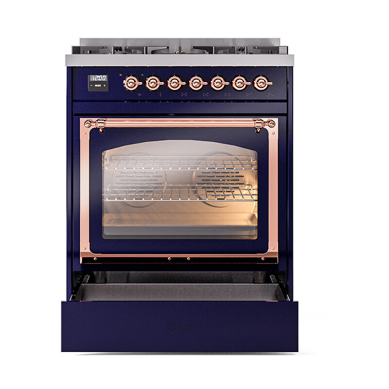 Nostalgie II Noblesse 30″ Dual Fuel Range (Natural Gas, Triple Glass Door, Midnight Blue, Copper) UN30NMPMBP