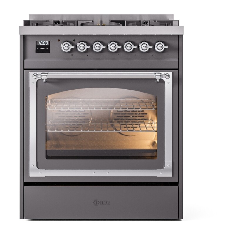 Nostalgie II Noblesse 30″ Dual Fuel Range  (Natural Gas, Triple Glass Door, Graphite Matte, Chrome) UN30NMPMGC