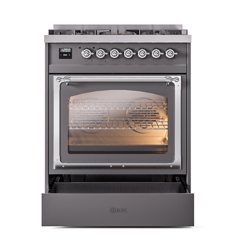 Nostalgie II Noblesse 30″ Dual Fuel Range  (Natural Gas, Triple Glass Door, Graphite Matte, Chrome) UN30NMPMGC