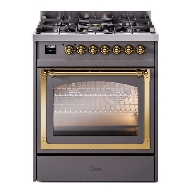Nostalgie II Noblesse 30″ Dual Fuel Range  (Natural Gas, Triple Glass Door, Graphite Matte, Brass) UN30NMPMGG