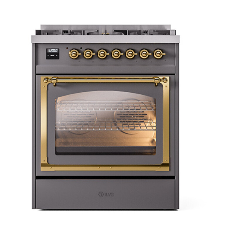 Nostalgie II Noblesse 30″ Dual Fuel Range  (Natural Gas, Triple Glass Door, Graphite Matte, Brass) UN30NMPMGG