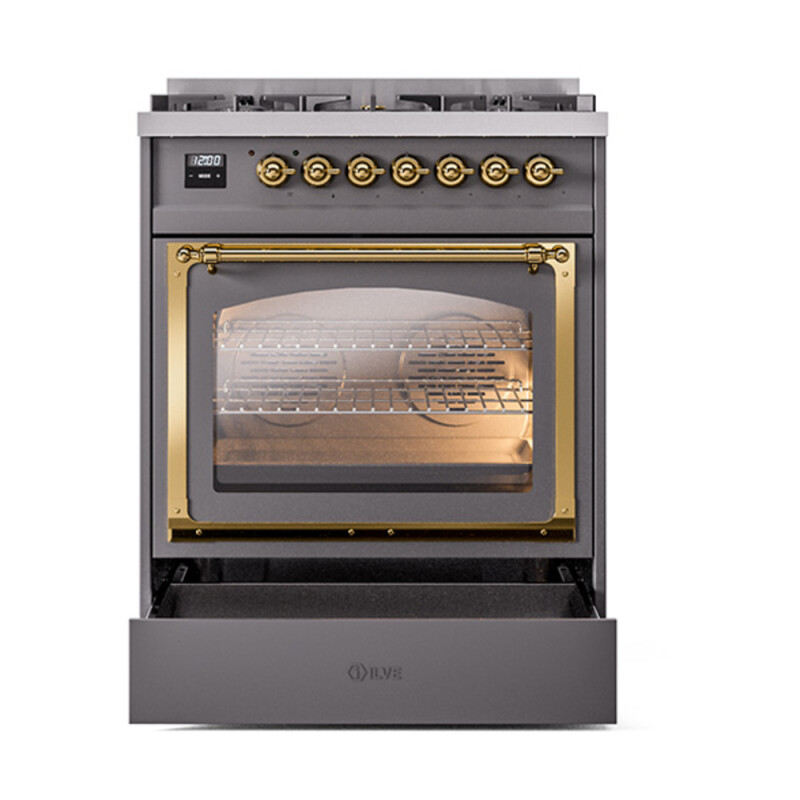 Nostalgie II Noblesse 30″ Dual Fuel Range  (Natural Gas, Triple Glass Door, Graphite Matte, Brass) UN30NMPMGG
