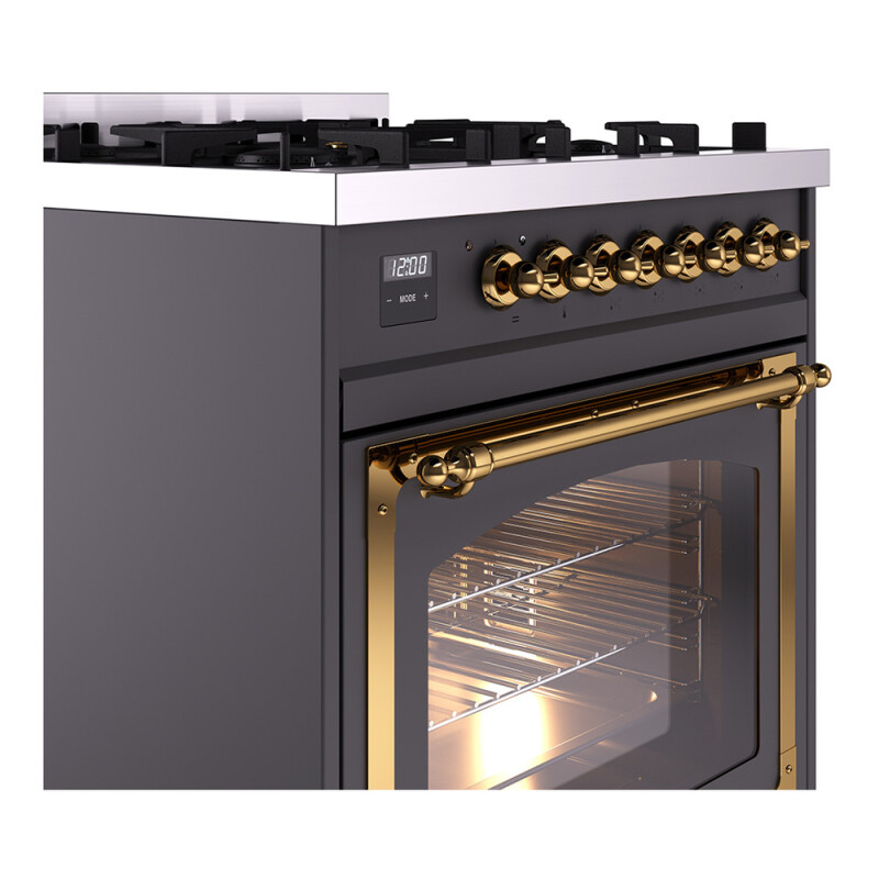 Nostalgie II Noblesse 30″ Dual Fuel Range  (Natural Gas, Triple Glass Door, Graphite Matte, Brass) UN30NMPMGG