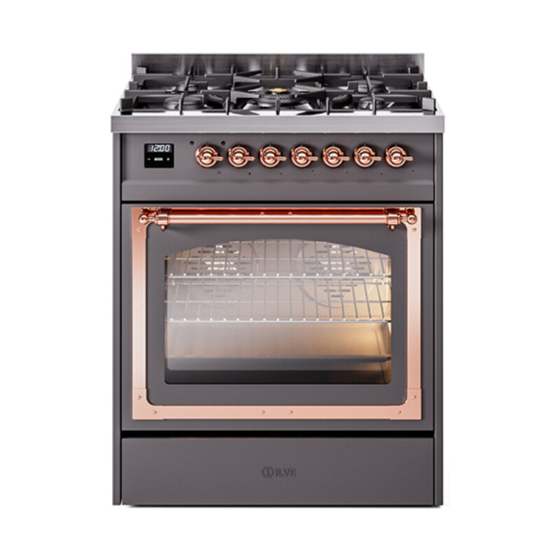 Nostalgie II Noblesse 30″ Dual Fuel Range (Natural Gas, Triple Glass Door, Graphite Matte, Copper) UN30NMPMGP