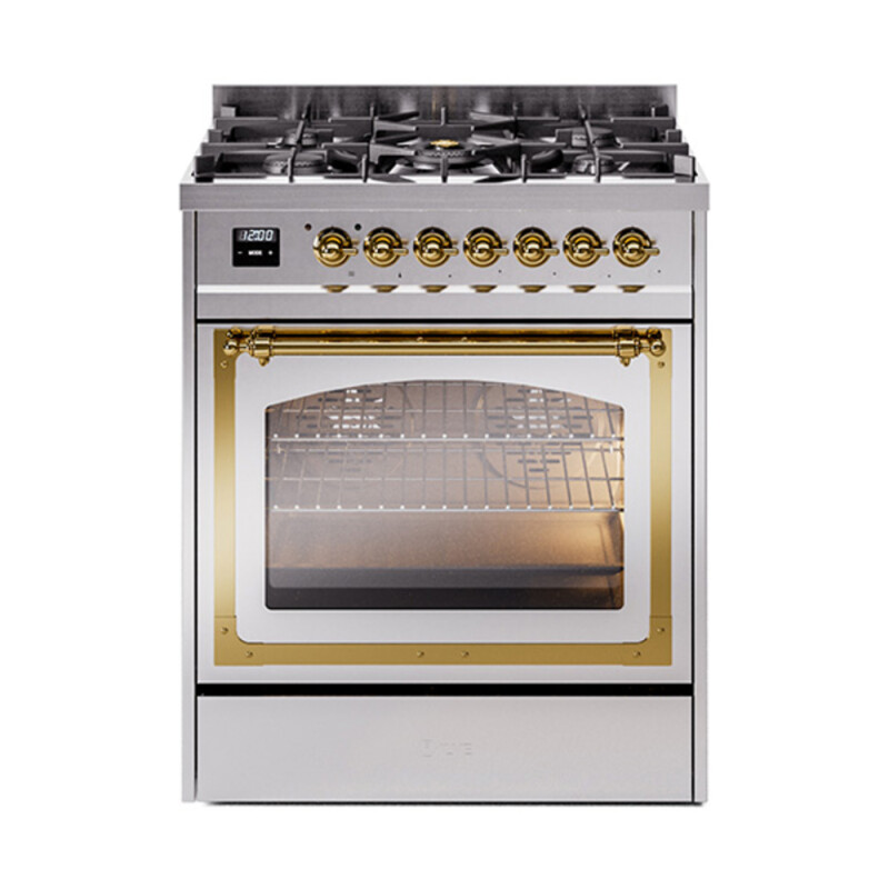 Nostalgie II Noblesse 30″ Dual Fuel Range  (Liquid Propane, Triple Glass Door, Stainless Steel, Brass) UN30NMPSSGLP