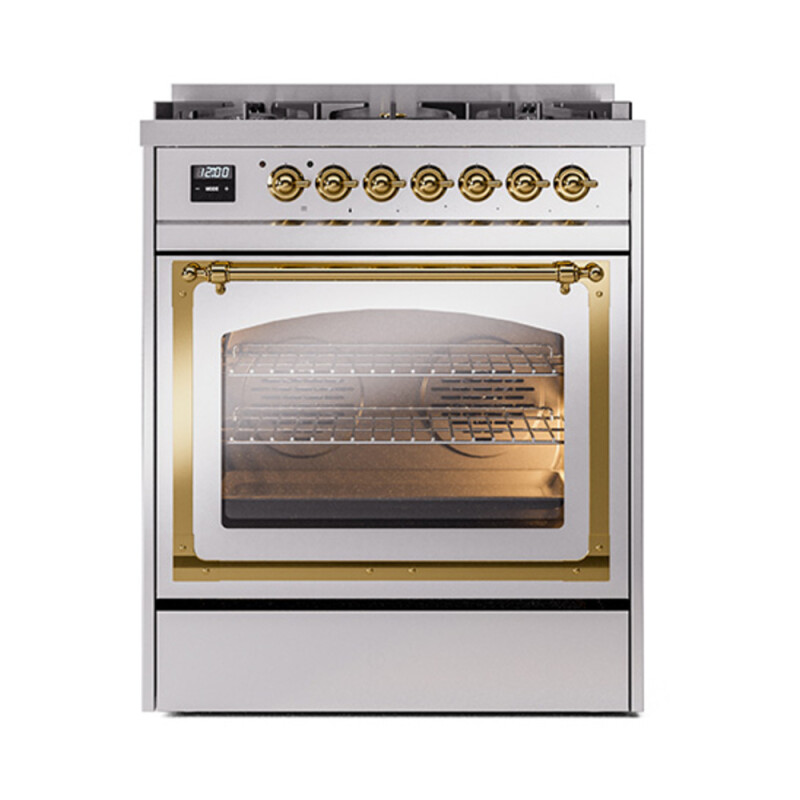 Nostalgie II Noblesse 30″ Dual Fuel Range  (Liquid Propane, Triple Glass Door, Stainless Steel, Brass) UN30NMPSSGLP