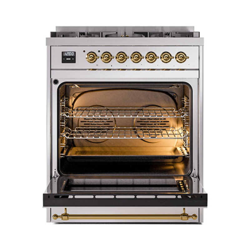 Nostalgie II Noblesse 30″ Dual Fuel Range  (Liquid Propane, Triple Glass Door, Stainless Steel, Brass) UN30NMPSSGLP