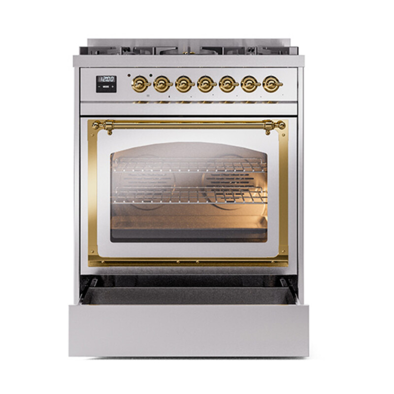 Nostalgie II Noblesse 30″ Dual Fuel Range  (Liquid Propane, Triple Glass Door, Stainless Steel, Brass) UN30NMPSSGLP