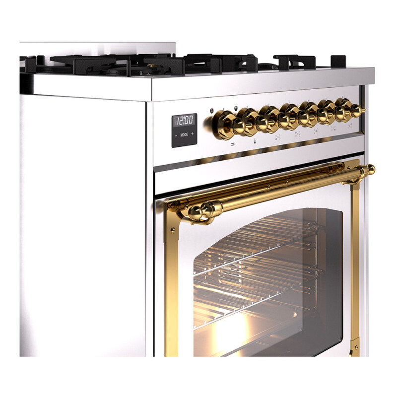 Nostalgie II Noblesse 30″ Dual Fuel Range  (Liquid Propane, Triple Glass Door, Stainless Steel, Brass) UN30NMPSSGLP
