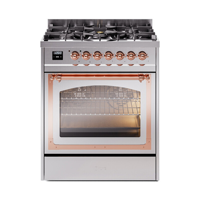 Nostalgie II Noblesse 30″ Dual Fuel Range  (Liquid Propane, Triple Glass Door, Stainless Steel, Copper) UN30NMPSSPLP