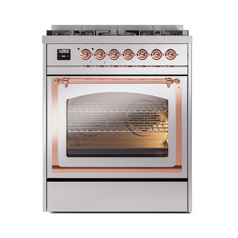 Nostalgie II Noblesse 30″ Dual Fuel Range  (Liquid Propane, Triple Glass Door, Stainless Steel, Copper) UN30NMPSSPLP