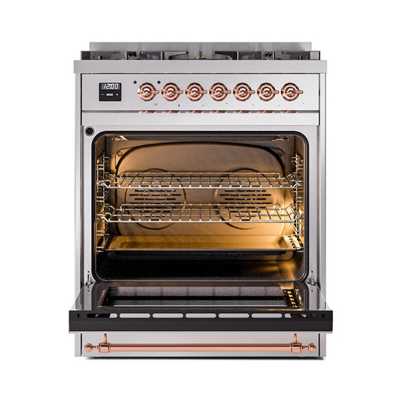 Nostalgie II Noblesse 30″ Dual Fuel Range  (Liquid Propane, Triple Glass Door, Stainless Steel, Copper) UN30NMPSSPLP