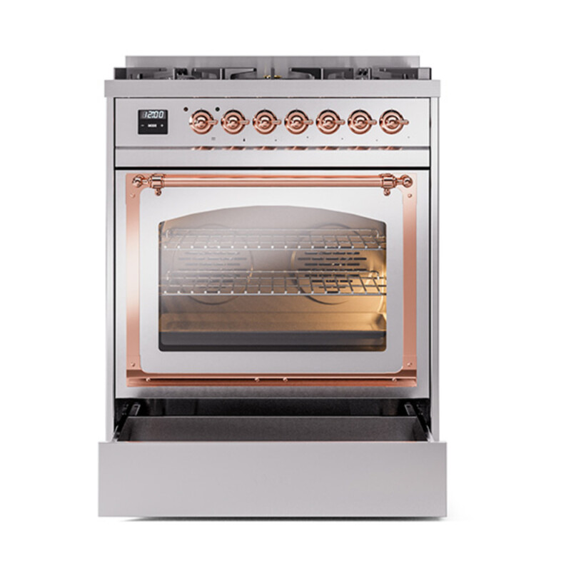 Nostalgie II Noblesse 30″ Dual Fuel Range  (Liquid Propane, Triple Glass Door, Stainless Steel, Copper) UN30NMPSSPLP