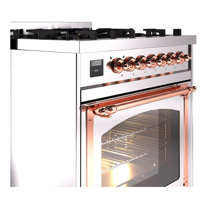 Nostalgie II Noblesse 30″ Dual Fuel Range  (Liquid Propane, Triple Glass Door, Stainless Steel, Copper) UN30NMPSSPLP