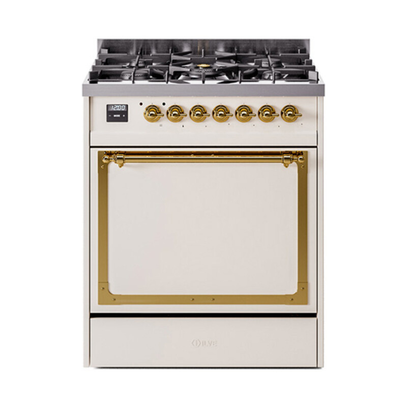Nostalgie II Noblesse 30″ Dual Fuel Range  (Liquid Propane, Solid Door, Antique White, Brass) UN30QNMPAWGLP