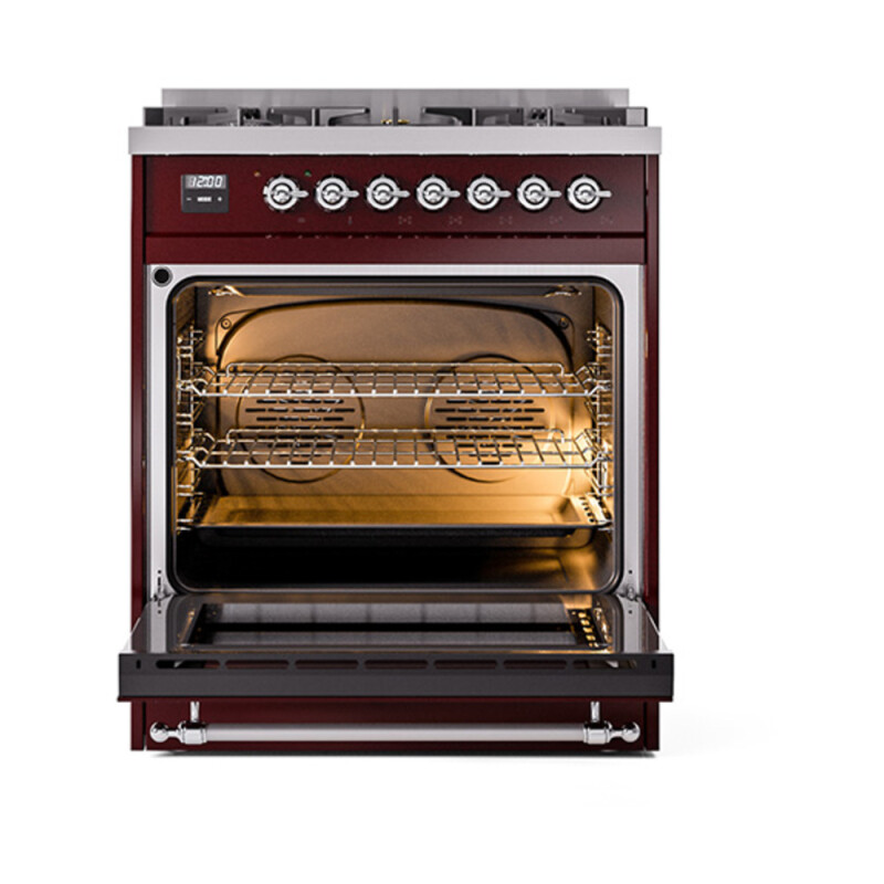 Nostalgie II Noblesse 30″ Dual Fuel Range  (Natural Gas, Solid Door, Burgundy, Chrome) UN30QNMPBUC