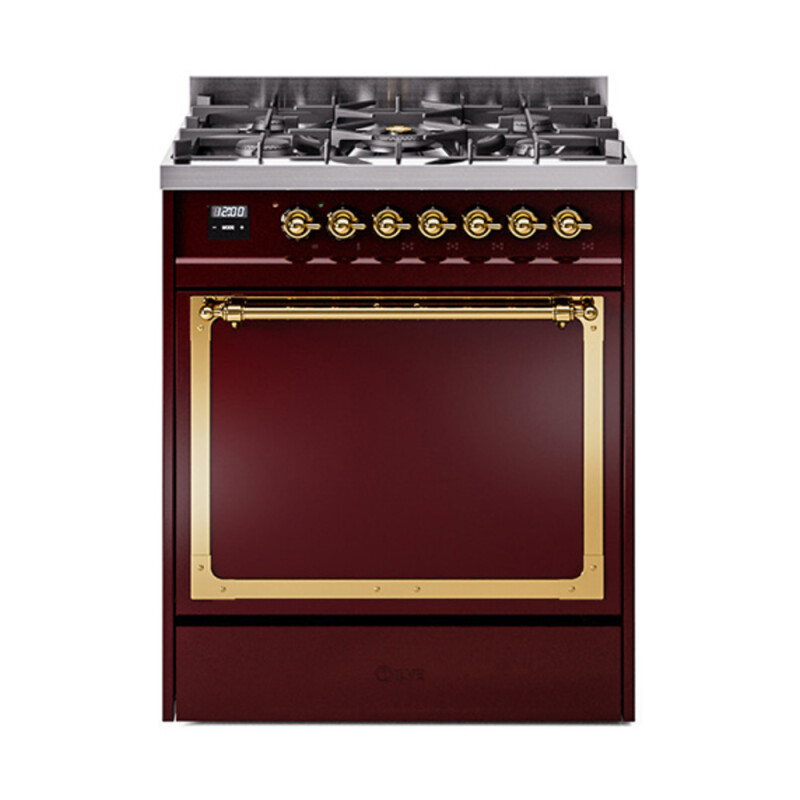 Nostalgie II Noblesse 30″ Dual Fuel Range  (Natural Gas, Solid Door, Burgundy, Brass) UN30QNMPBUG