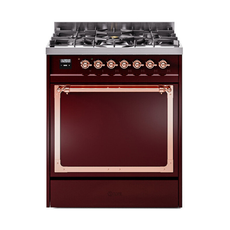 Nostalgie II Noblesse 30″ Dual Fuel Range  (Natural Gas, Solid Door, Burgundy, Copper) UN30QNMPBUP