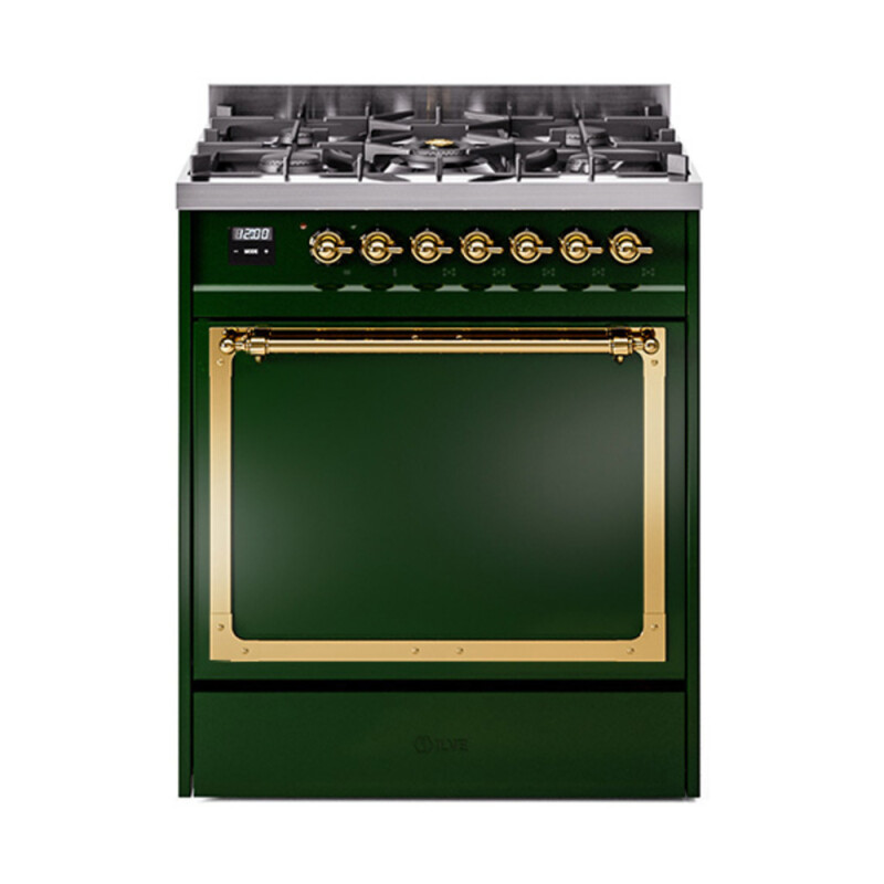 Nostalgie II Noblesse 30″ Dual Fuel Range (Natural Gas, Solid Door, Emerald Green, Brass) UN30QNMPEGG