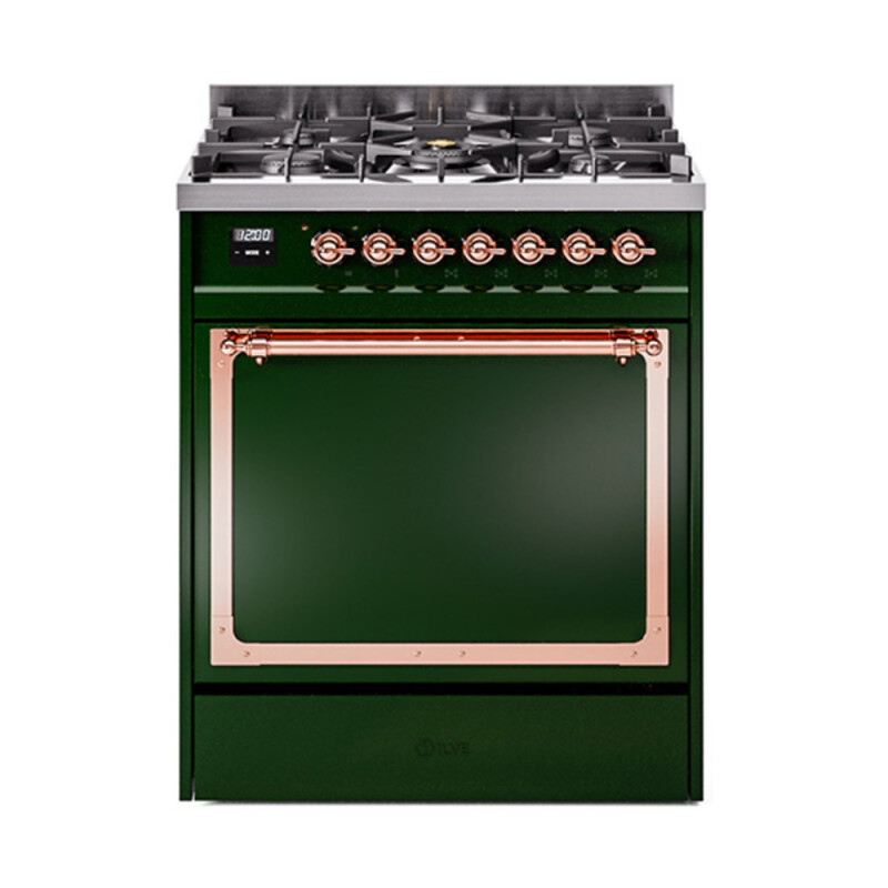 Nostalgie II Noblesse 30″ Dual Fuel Range  (Natural Gas, Solid Door, Emerald Green, Copper) UN30QNMPEGP