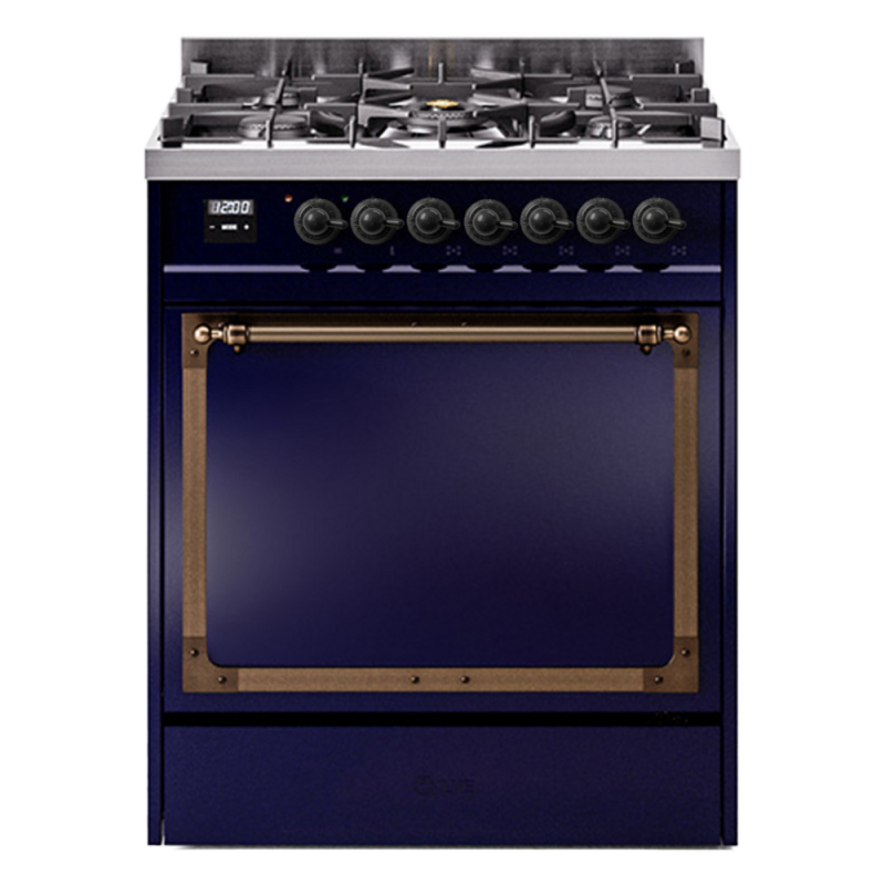 Nostalgie II Noblesse 30″ Dual Fuel Range (Natural Gas, Solid Door, Midnight Blue, Burnished) UN30QNMPMBB
