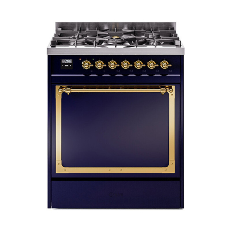 Nostalgie II Noblesse 30″ Dual Fuel Range  (Natural Gas, Solid Door, Midnight Blue, Brass) UN30QNMPMBG