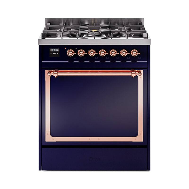 Nostalgie II Noblesse 30″ Dual Fuel Range  (Natural Gas, Solid Door, Midnight Blue, Copper) UN30QNMPMBP