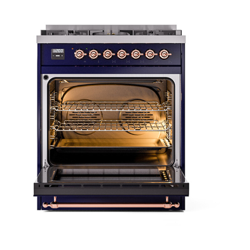Nostalgie II Noblesse 30″ Dual Fuel Range  (Natural Gas, Solid Door, Midnight Blue, Copper) UN30QNMPMBP