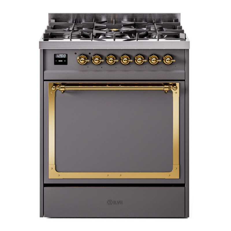 Nostalgie II Noblesse 30″ Dual Fuel Range  (Natural Gas, Solid Door, Graphite Matte, Brass) UN30QNMPMGG