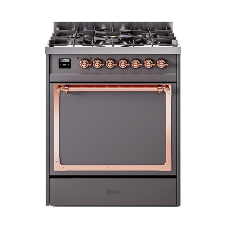 Nostalgie II Noblesse 30″ Dual Fuel Range  (Natural Gas, Solid Door, Graphite Matte, Copper) UN30QNMPMGP