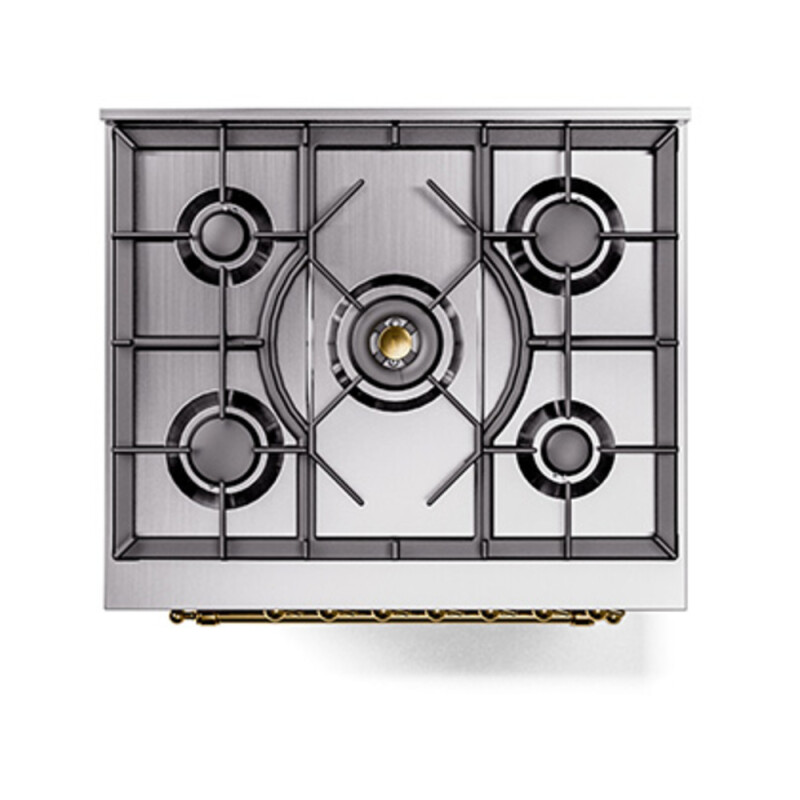 Nostalgie II Noblesse 30″ Dual Fuel Range  (Natural Gas, Solid Door, Stainless Steel, Brass) UN30QNMPSSG
