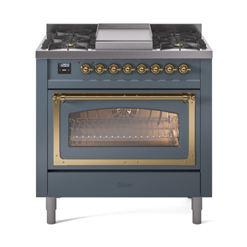 Nostalgie II Noblesse 36″ Dual Fuel Range (Natural Gas, Triple Glass Door, Blue Grey, Brass) UN36FNMPBGG