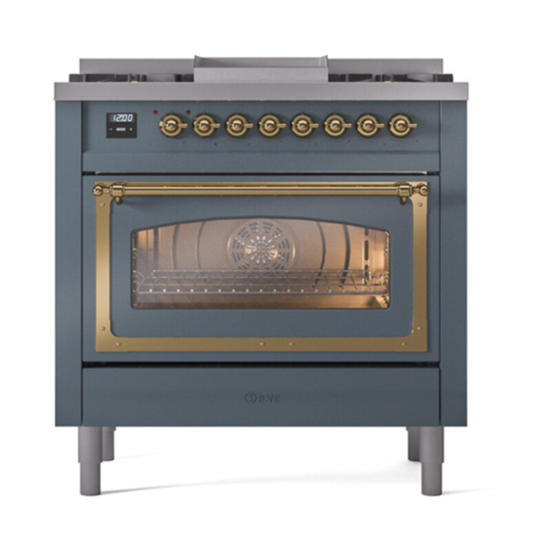 Nostalgie II Noblesse 36″ Dual Fuel Range (Natural Gas, Triple Glass Door, Blue Grey, Brass) UN36FNMPBGG
