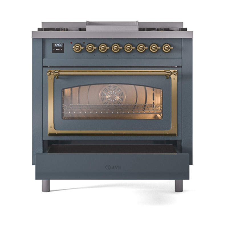 Nostalgie II Noblesse 36″ Dual Fuel Range (Natural Gas, Triple Glass Door, Blue Grey, Brass) UN36FNMPBGG