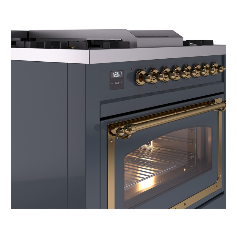 Nostalgie II Noblesse 36″ Dual Fuel Range (Natural Gas, Triple Glass Door, Blue Grey, Brass) UN36FNMPBGG