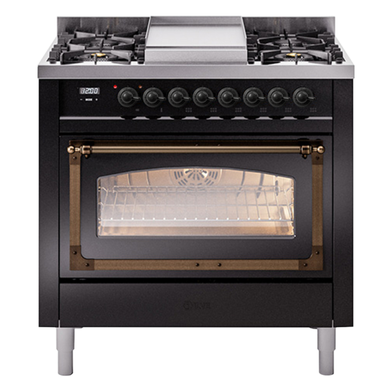 Nostalgie II Noblesse 36″ Dual Fuel Range (Natural Gas, Triple Glass Door, Glossy Black, Burnished) UN36FNMPBKB