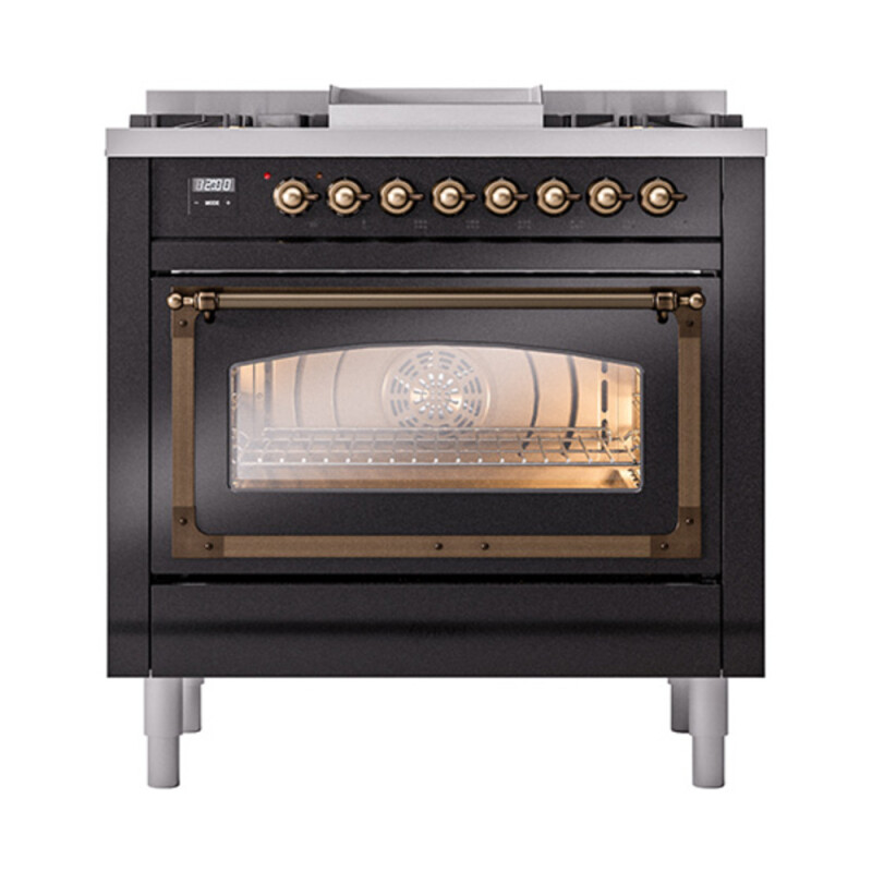 Nostalgie II Noblesse 36″ Dual Fuel Range (Natural Gas, Triple Glass Door, Glossy Black, Burnished) UN36FNMPBKB
