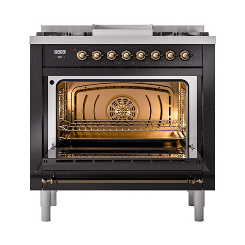 Nostalgie II Noblesse 36″ Dual Fuel Range (Natural Gas, Triple Glass Door, Glossy Black, Burnished) UN36FNMPBKB