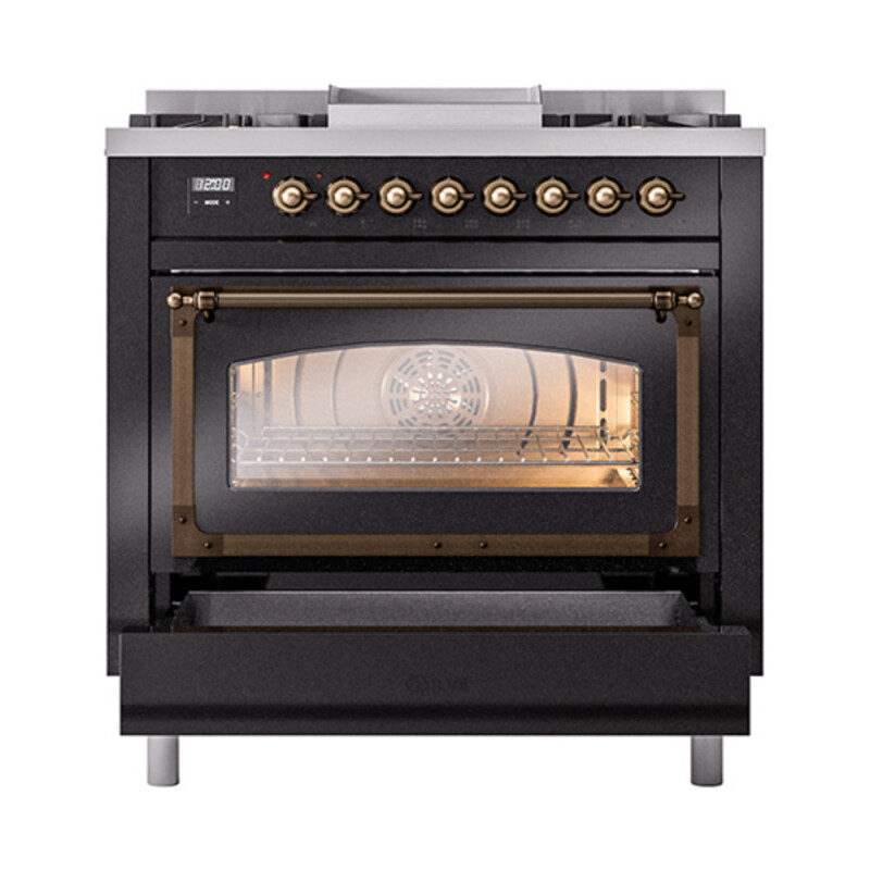Nostalgie II Noblesse 36″ Dual Fuel Range (Natural Gas, Triple Glass Door, Glossy Black, Burnished) UN36FNMPBKB