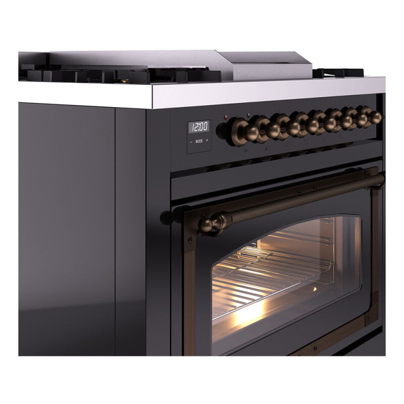 Nostalgie II Noblesse 36″ Dual Fuel Range (Natural Gas, Triple Glass Door, Glossy Black, Burnished) UN36FNMPBKB