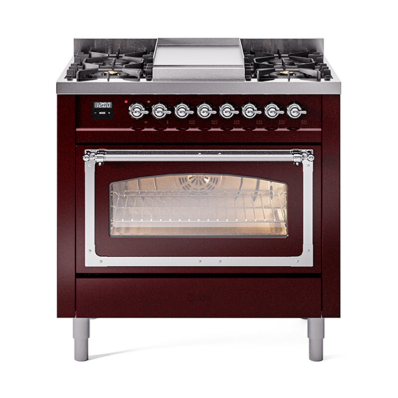 Nostalgie II Noblesse 36″ Dual Fuel Range (Natural Gas, Triple Glass Door, Burgundy, Chrome) UN36FNMPBUC