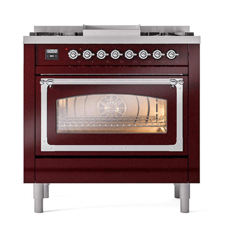 Nostalgie II Noblesse 36″ Dual Fuel Range (Natural Gas, Triple Glass Door, Burgundy, Chrome) UN36FNMPBUC