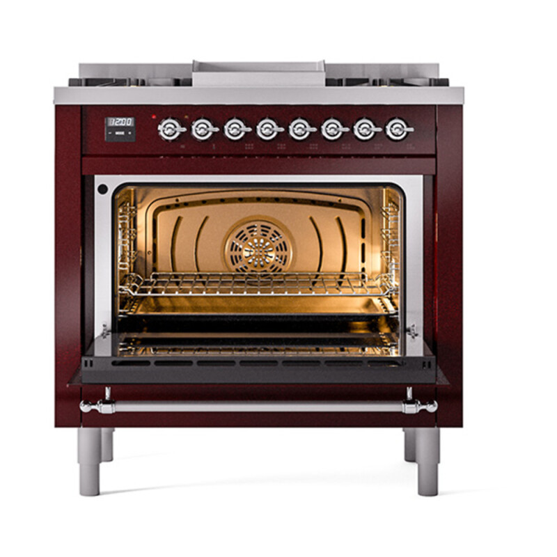 Nostalgie II Noblesse 36″ Dual Fuel Range (Natural Gas, Triple Glass Door, Burgundy, Chrome) UN36FNMPBUC