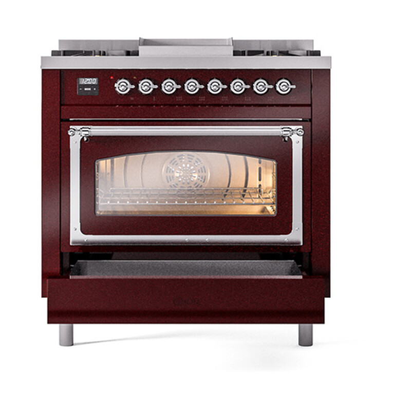 Nostalgie II Noblesse 36″ Dual Fuel Range (Natural Gas, Triple Glass Door, Burgundy, Chrome) UN36FNMPBUC